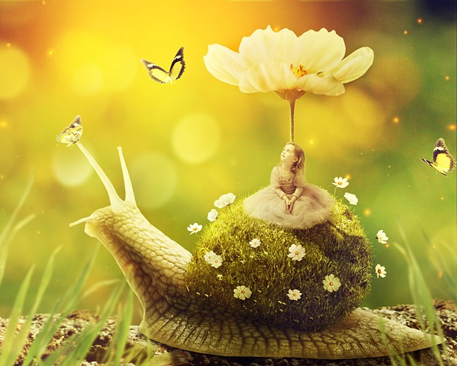 PhotoshopPS合成一张骑蜗牛的小女孩梦幻图_翼虎网